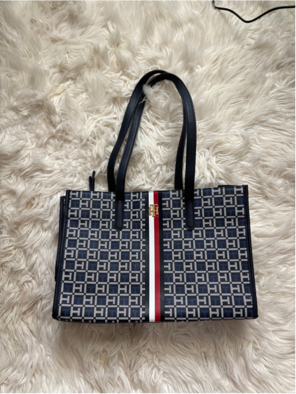 New Tommy Hilfiger Navy Blue and White Monogram Shoulder Bag Tote Purse